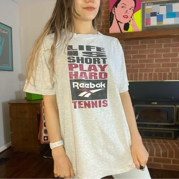 Vintage 90s Reebok Single Stitch Life Is Short Play Hard Tennis Tee Unis… - Picture 2 of 13